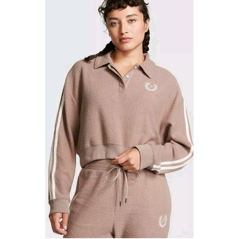 PINK Victoria Secret Fleece Set Size XXL Sweatshirt  High Waist Jogger Beige NWT